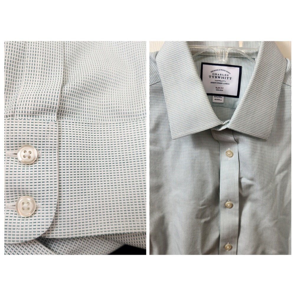 Charles Tyrwhitt Slim Fit Green Gingham Non Iron Mens Dress Shirt Size 16 1/2 35 - Picture 5 of 6